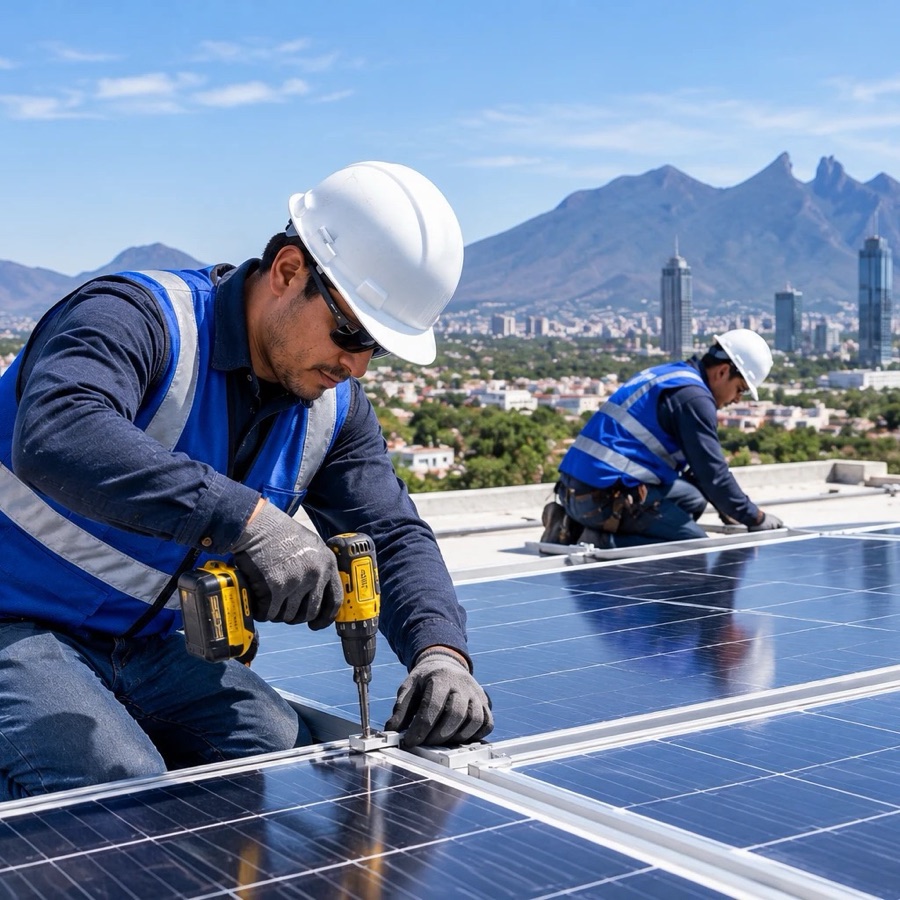 Técnicos de energía2 instalando paneles solares en un techo de Monterrey